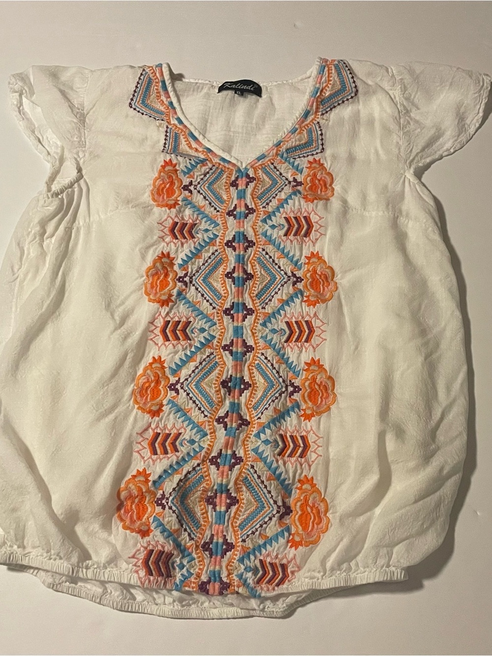 White Embroidered V-Neck Tunic with Orange & Blue Accents